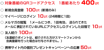 ○ 対象番組のQRコードアクセス 1番組あたり 400pt ○ 新規会員登録 100pt (新規のみ) ○ マイページにログイン 10pt (24時間に1回) ○ メルマガの閲覧 1メールにつき、1回有効。 送られてきたメールに表記されているURLにアクセスしログインした段階で 10pt ○ 友人紹介 100pt (友達紹介ポイントは、紹介された方がスマートフォンから会員登録を行った場合は付与されません。) ○ 携帯サイト内の個別プレゼントキャンペーンへの応募 50pt